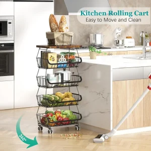 5-Tier Fruit Basket with Wooden Lid for Kitchen