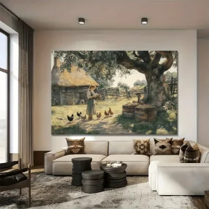 Rustic farmhouse chicken scene with peaceful scenery
