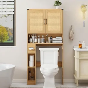 Farmhouse Rattan Over Toilet Storage Cabinet