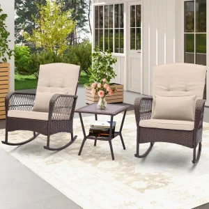 3 PCS Patio  Wicker Rocking Chairs with Coffee Table